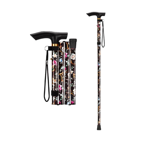 Raven – Black Floral Lightweight Aluminium Adjustable Folding Walking Stick