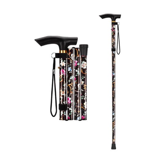 Raven – Black Floral Lightweight Aluminium Adjustable Folding Walking Stick