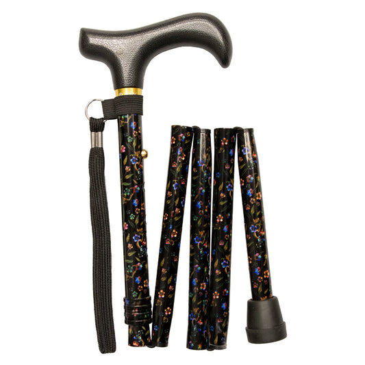 Black Floral Height-Adjustable Folding Walking Stick